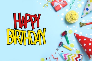 Image of Happy Birthday! Flat lay composition with party hats, decor and cupcake on light blue background