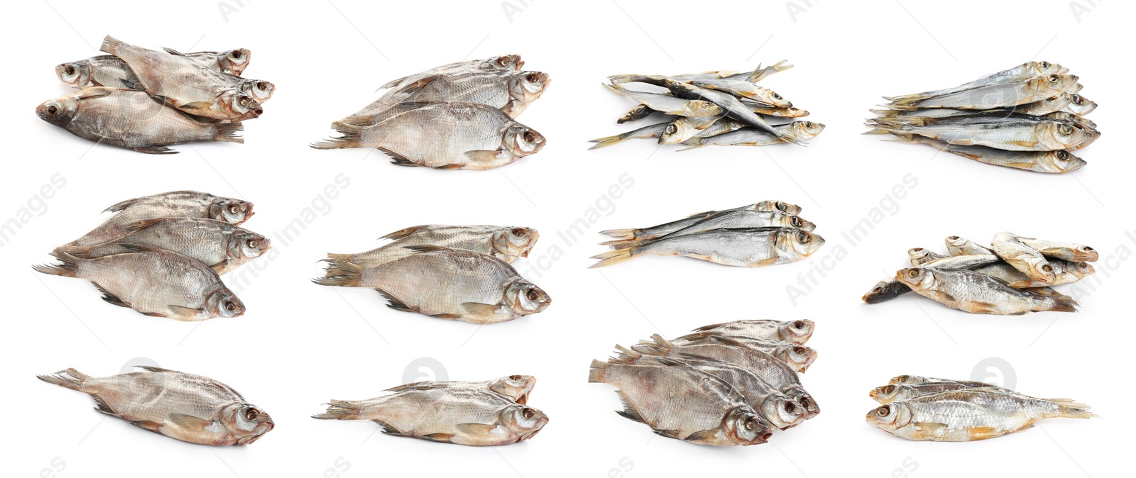 Image of Set of tasty dry fish on white background