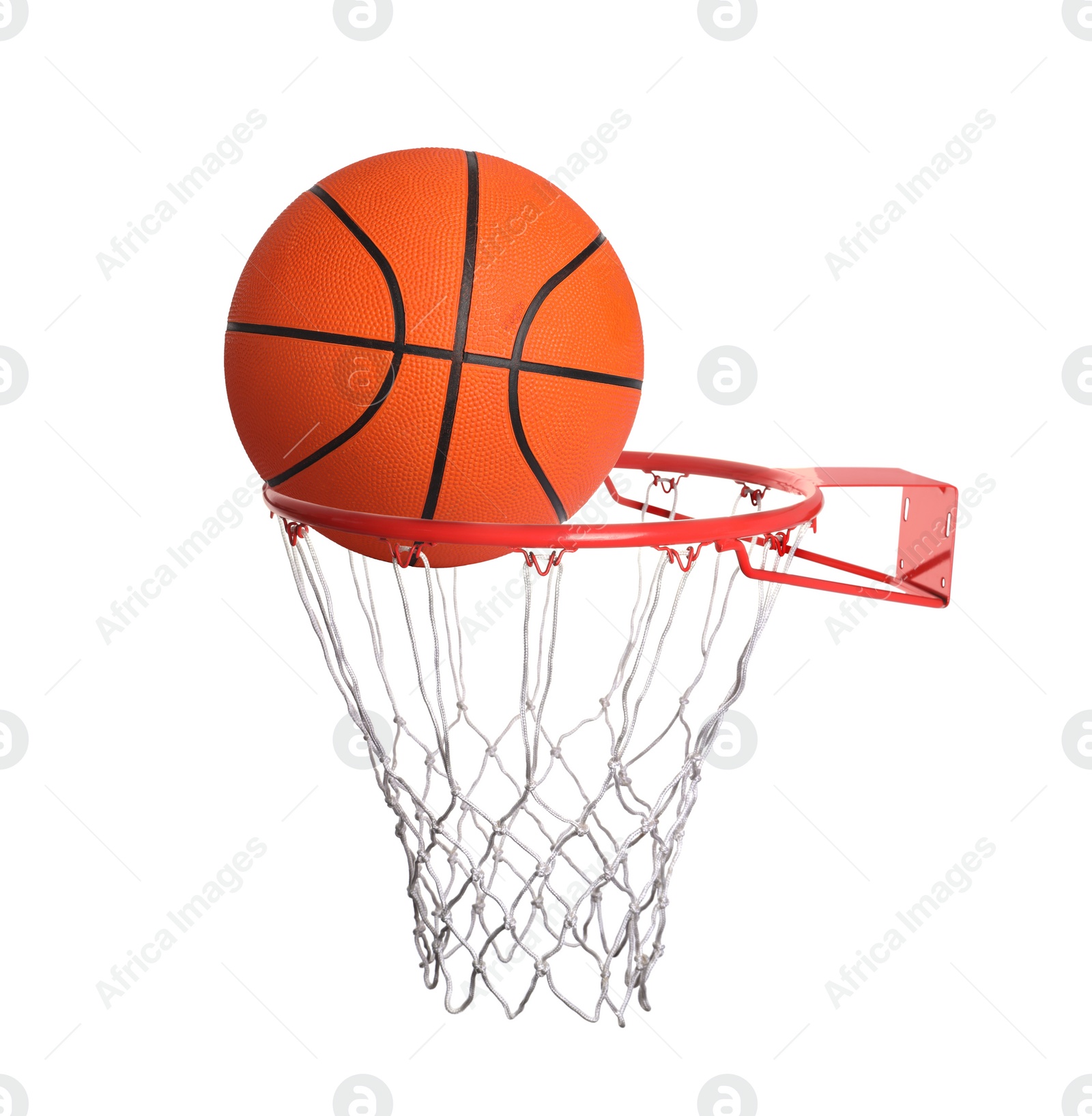 Image of Basketball ball falling into hoop with net isolated on white