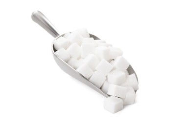 Photo of Sugar cubes in metal scoop isolated on white