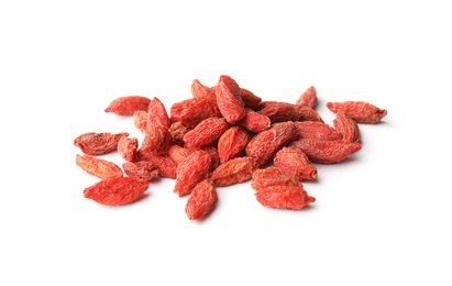 Photo of Pile of dried goji berries on white background