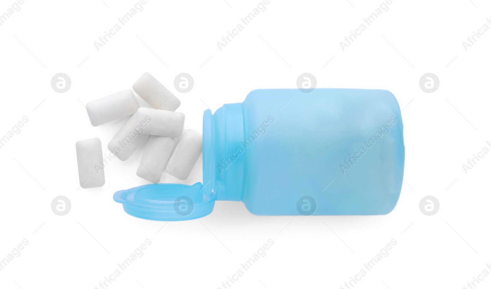 Photo of Light blue jar with chewing gums on white background, flat lay