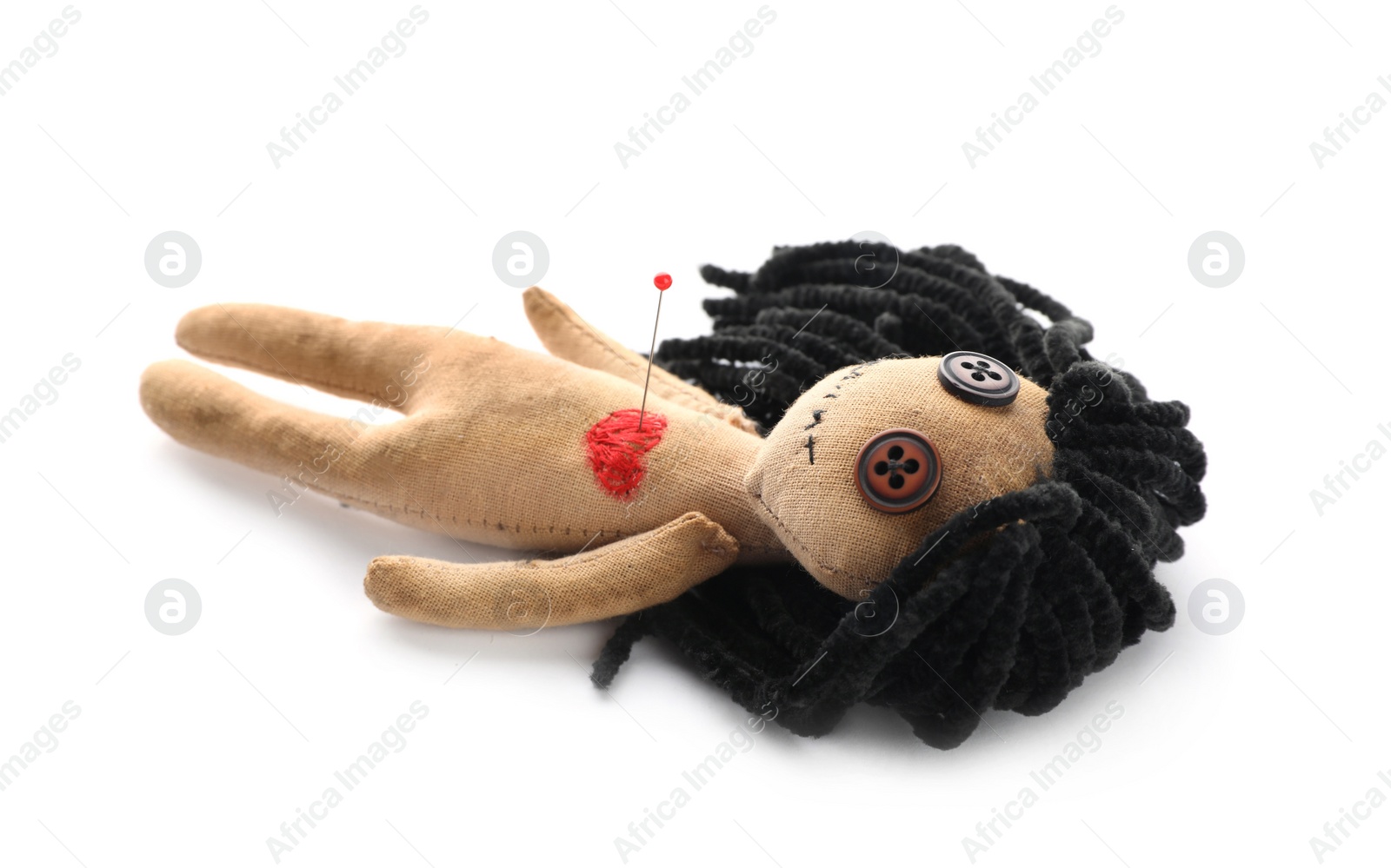 Photo of Voodoo doll with pin in heart isolated on white