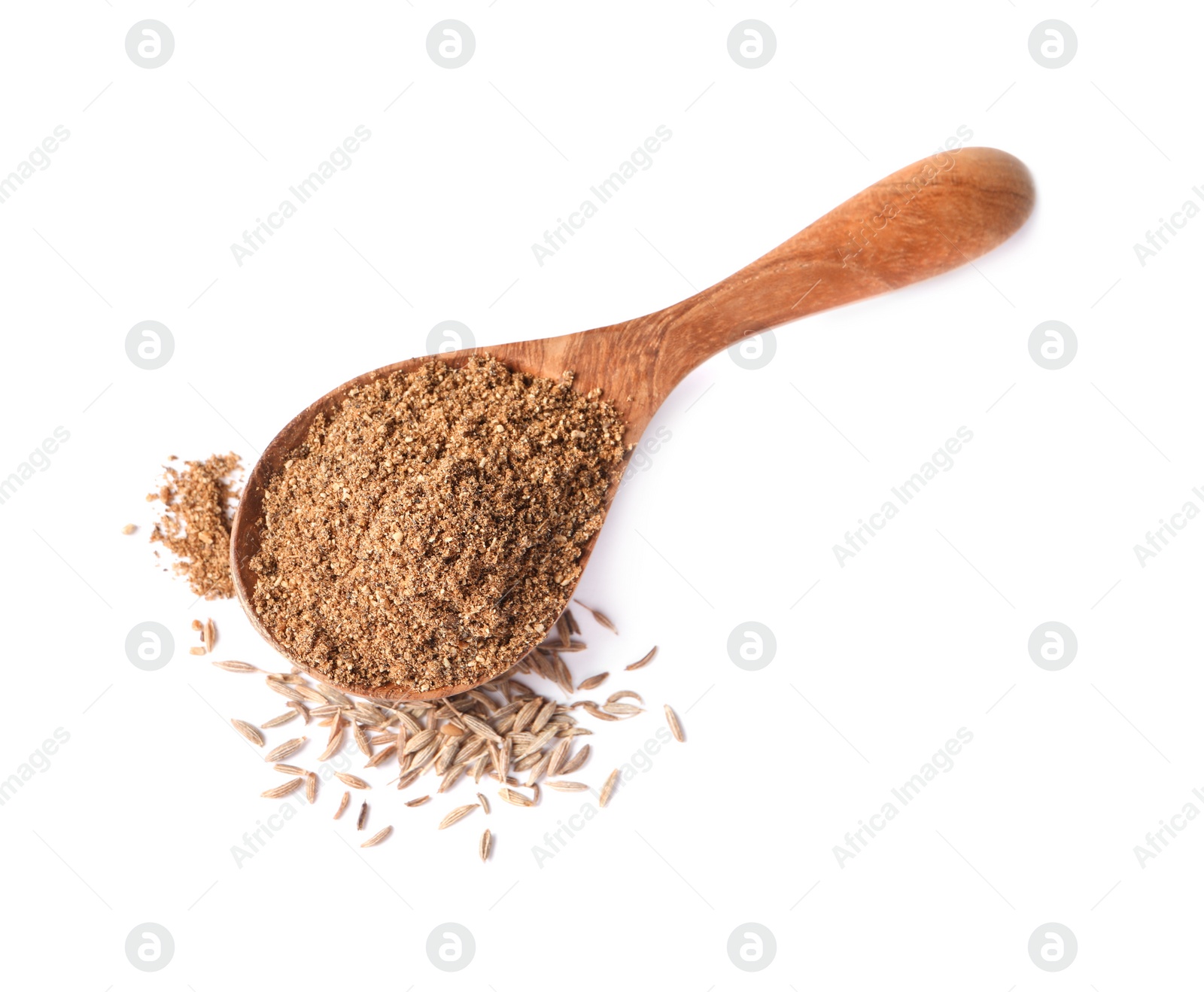 Photo of Spoon of aromatic caraway (Persian cumin) powder isolated on white, top view