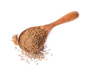 Photo of Spoon of aromatic caraway (Persian cumin) powder isolated on white, top view
