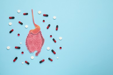 Paper cutout of small intestine and pills on light blue background, flat lay. Space for text