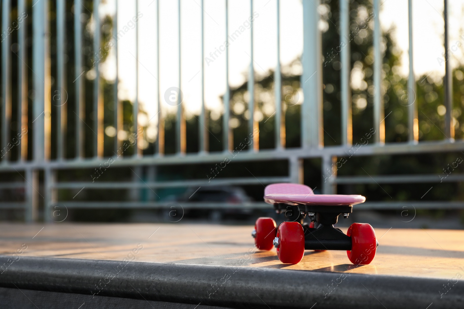 Photo of Modern pink skateboard with red wheels on top of ramp outdoors. Space for text