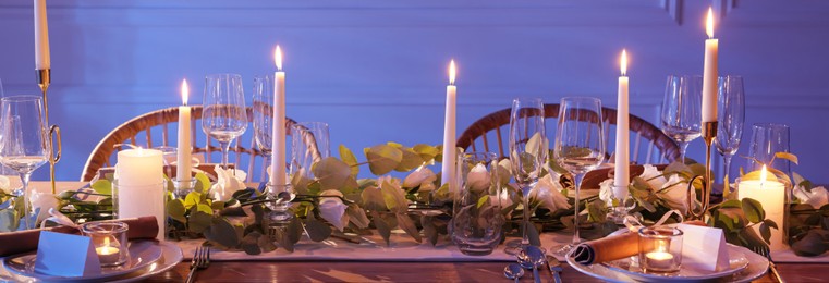 Festive table setting with beautiful tableware and decor indoors. Banner design