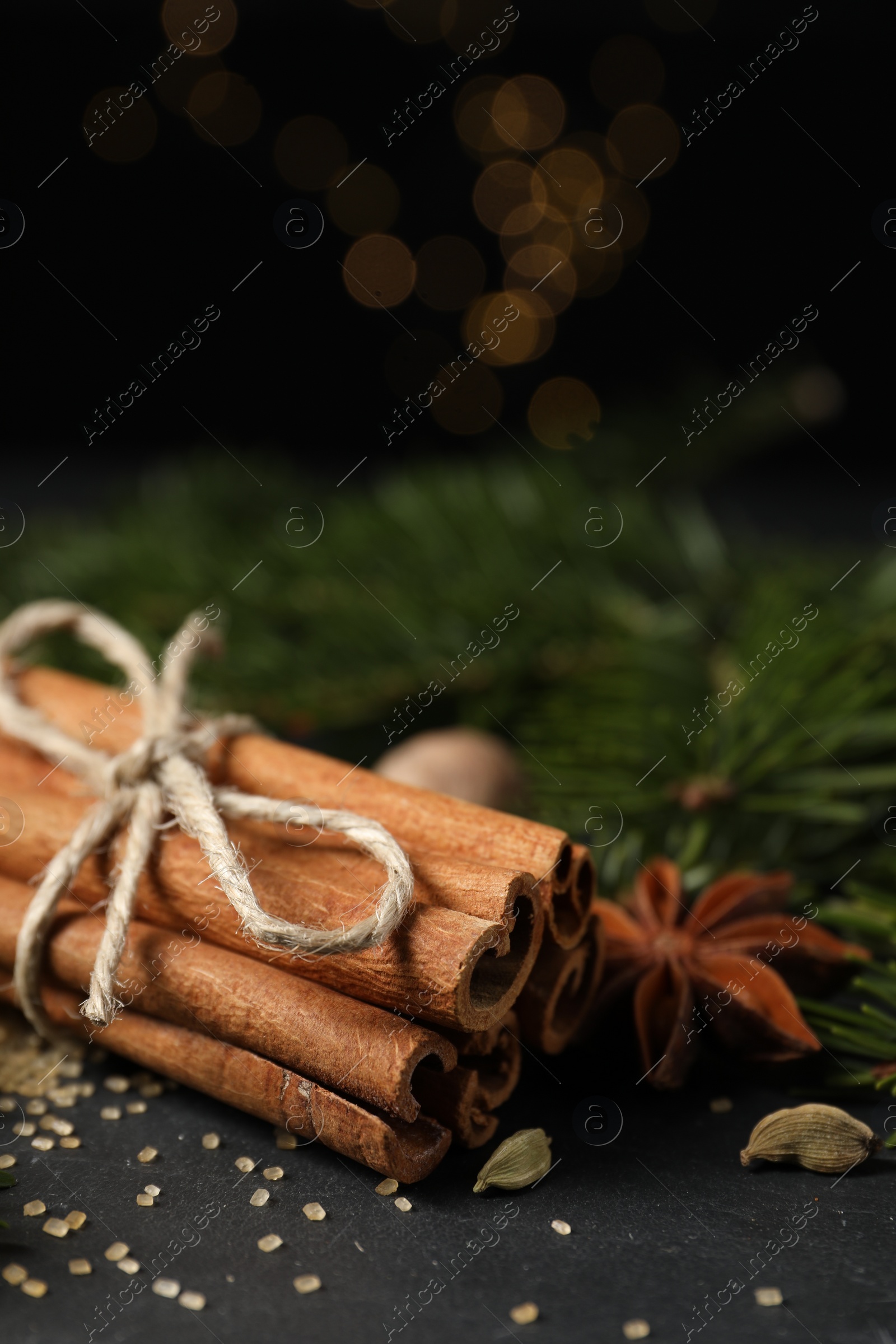 Photo of Different spices and fir branches on gray table, closeup