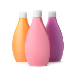 Image of Three bottles of personal hygiene products on white background