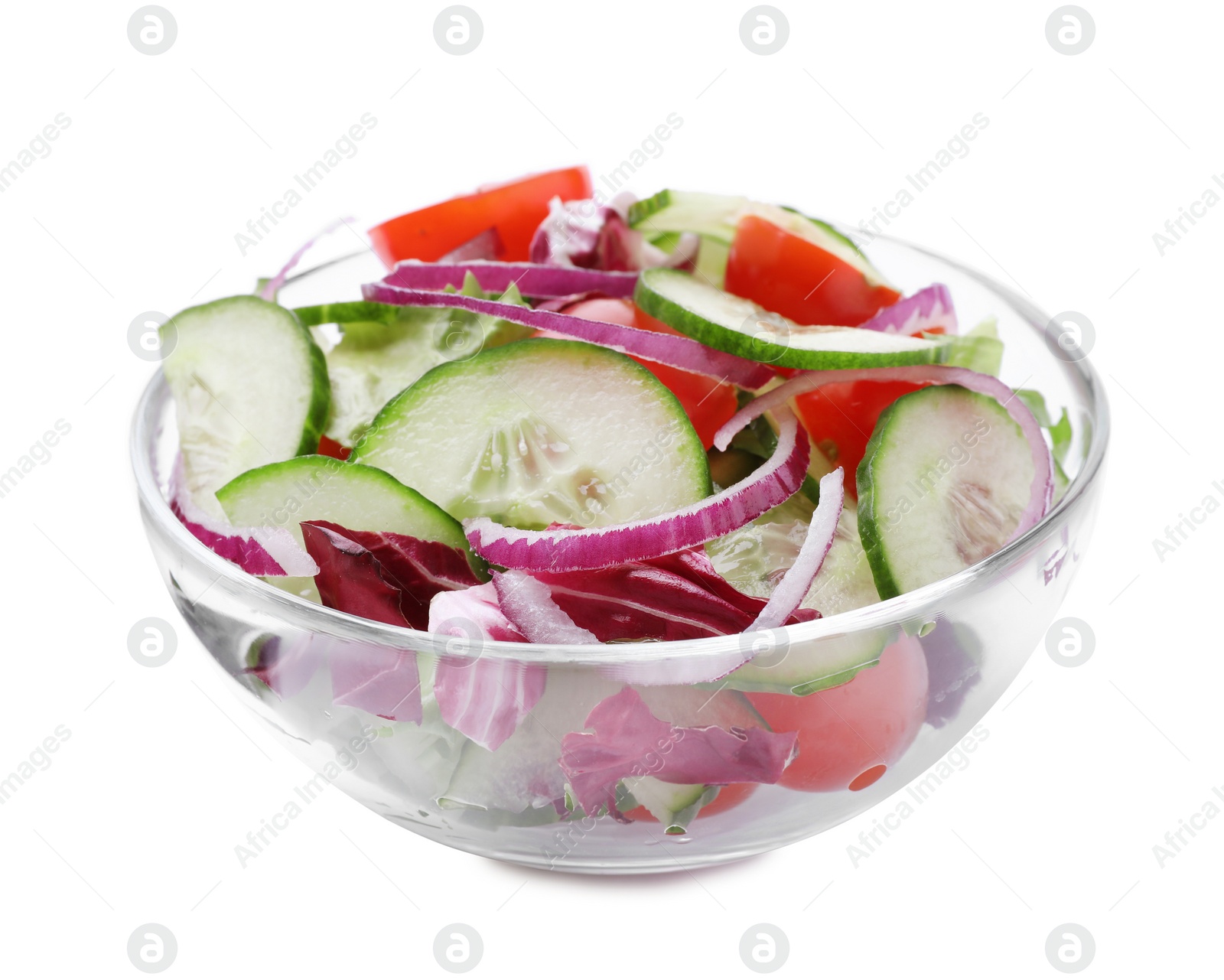 Photo of Delicious fresh cucumber tomato salad in bowl on white background