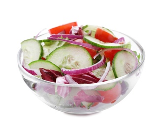 Photo of Delicious fresh cucumber tomato salad in bowl on white background