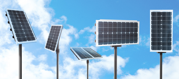 Image of Set with different solar panels outdoors, banner design. Alternative energy source 