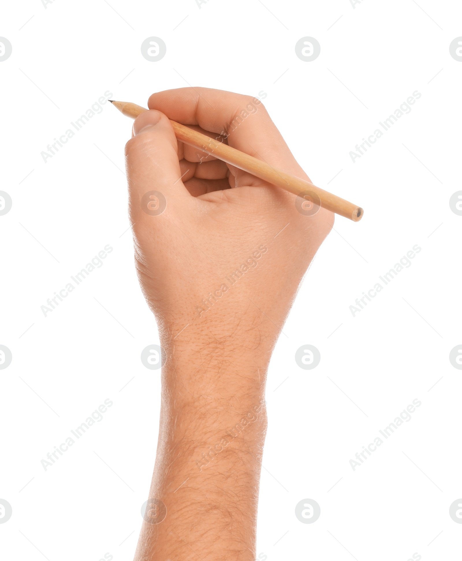 Photo of Man holding ordinary pencil on white background, closeup