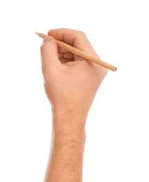 Photo of Man holding ordinary pencil on white background, closeup