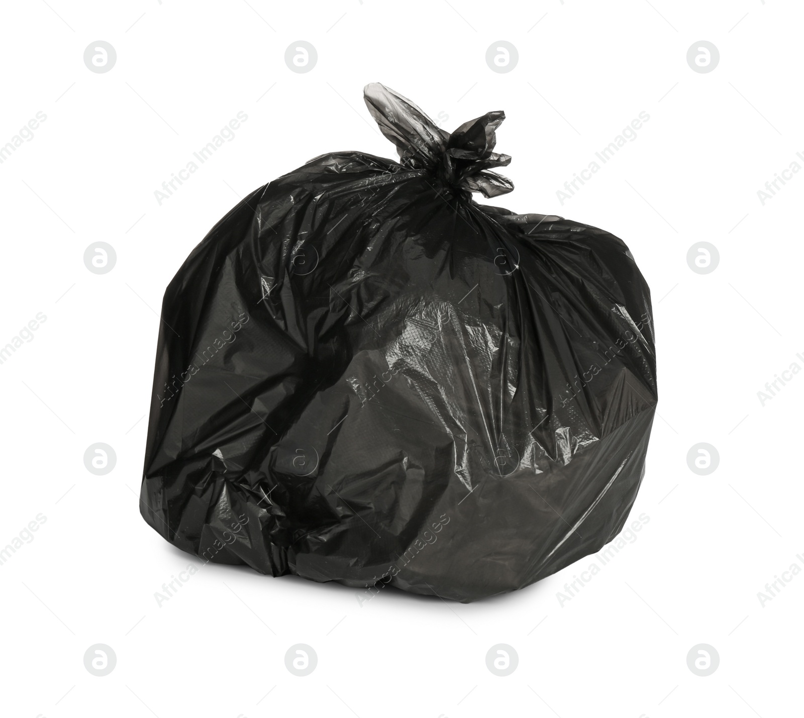 Photo of Black trash bag filled with garbage isolated on white