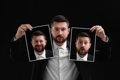 Image of Man holding his photo portraits showing different emotions on black background. Balanced personality