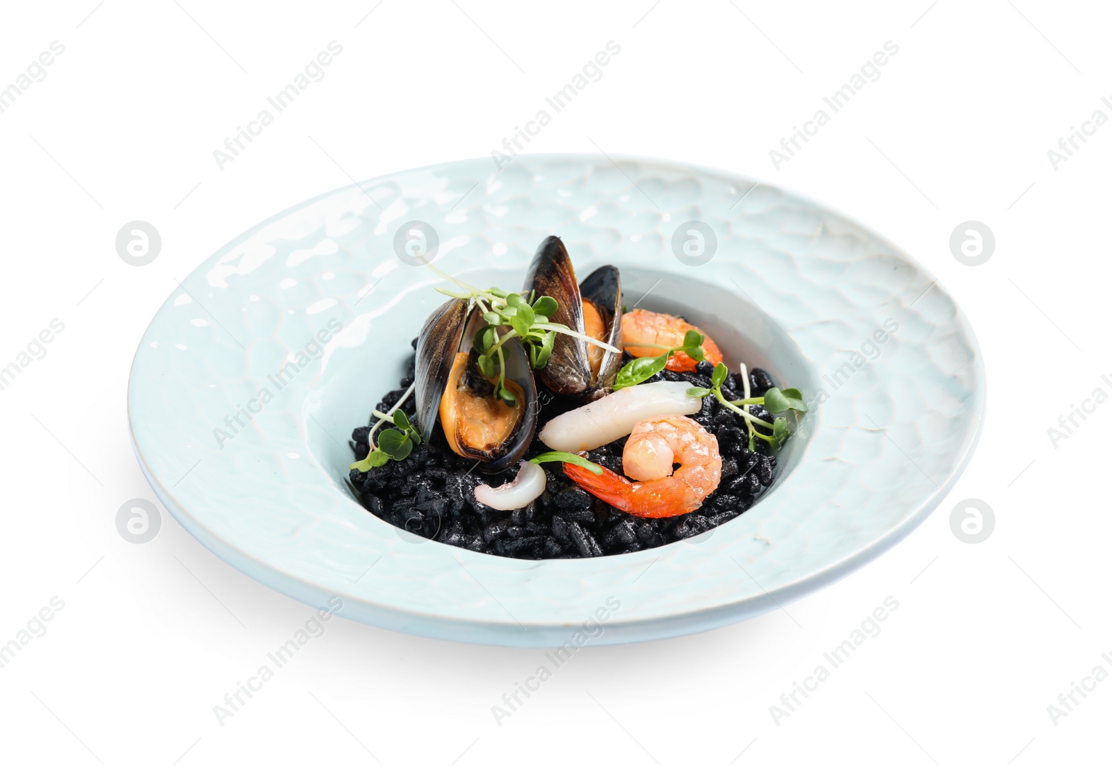 Photo of Delicious black risotto with seafood isolated on white