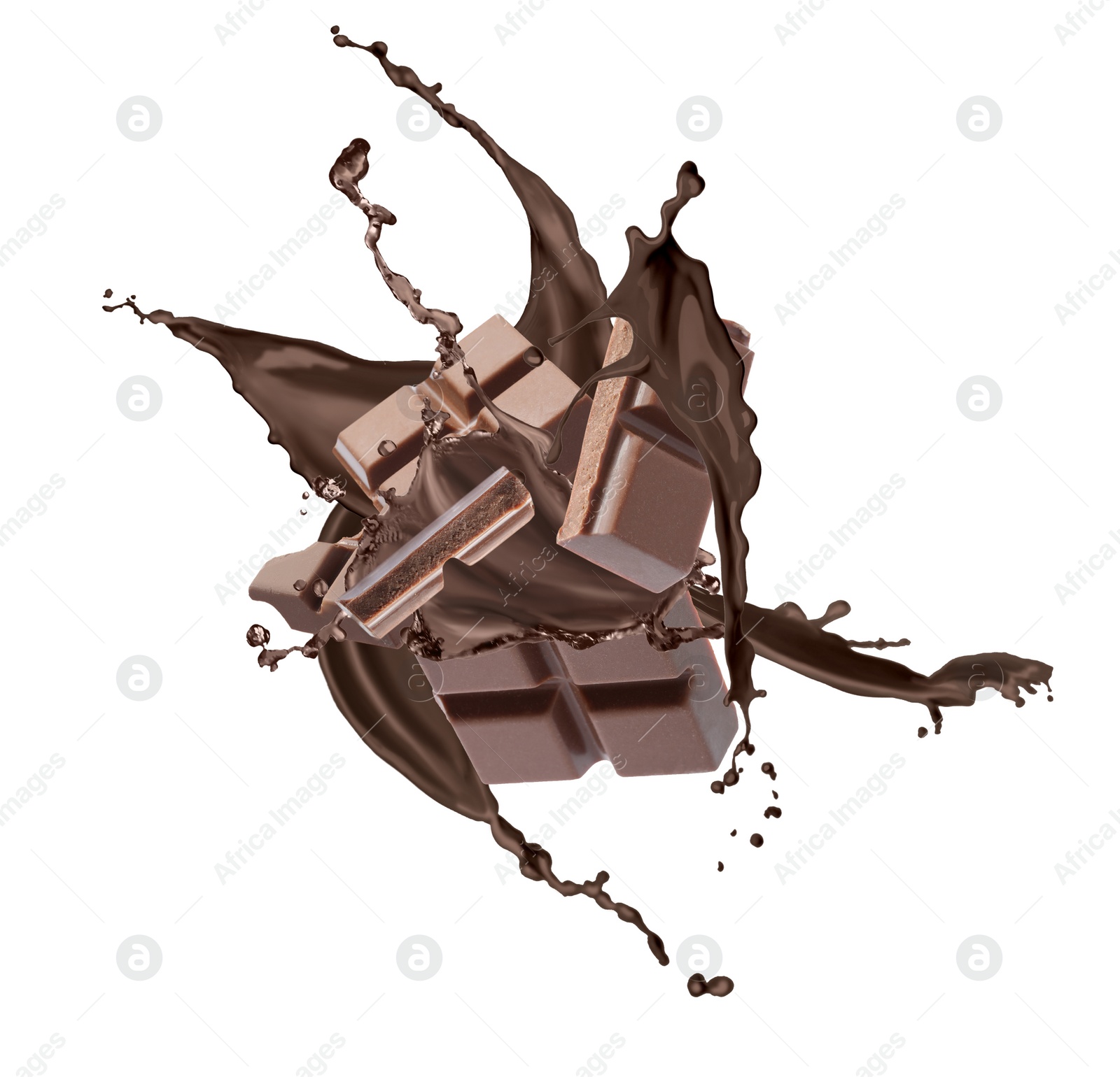 Image of Yummy melted chocolate and falling pieces on white background