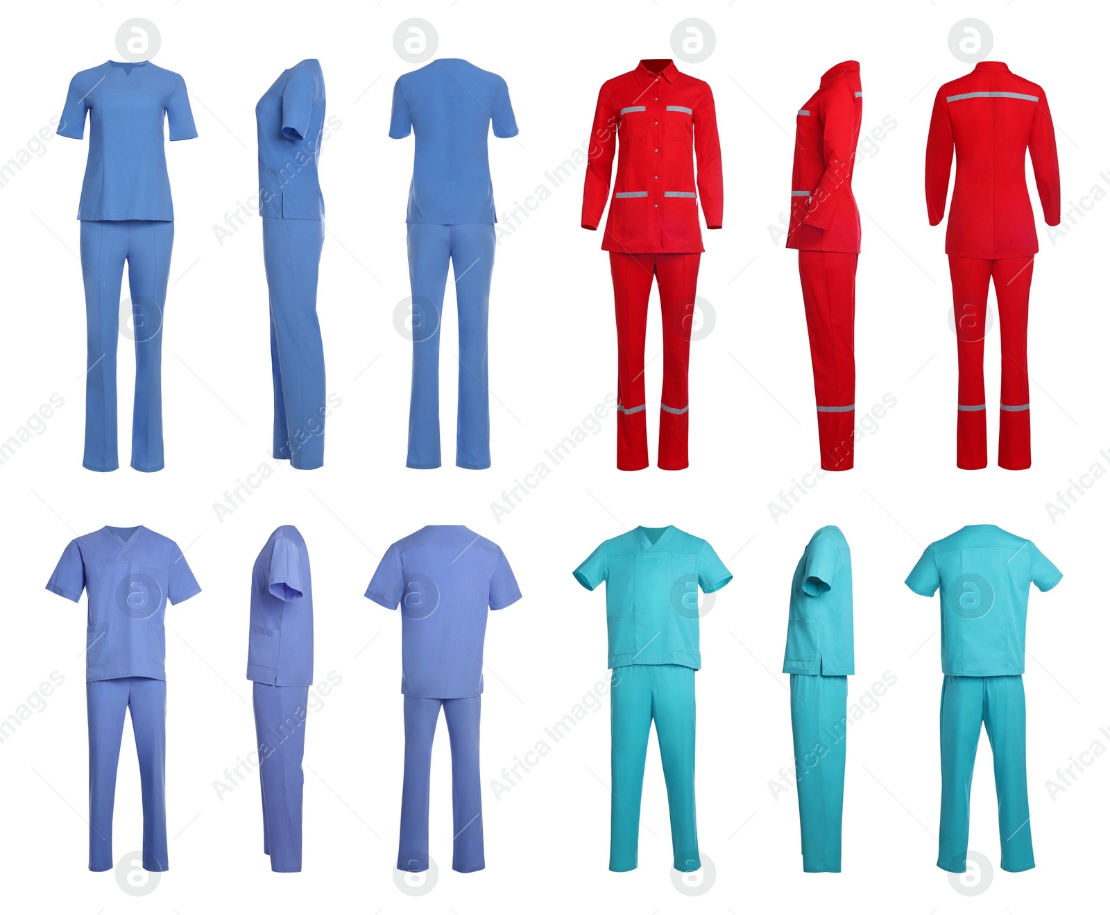 Image of Different medical uniforms isolated on white, collage with back, side and front views