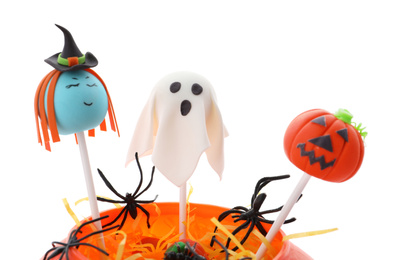 Delicious Halloween themed cake pops on white background