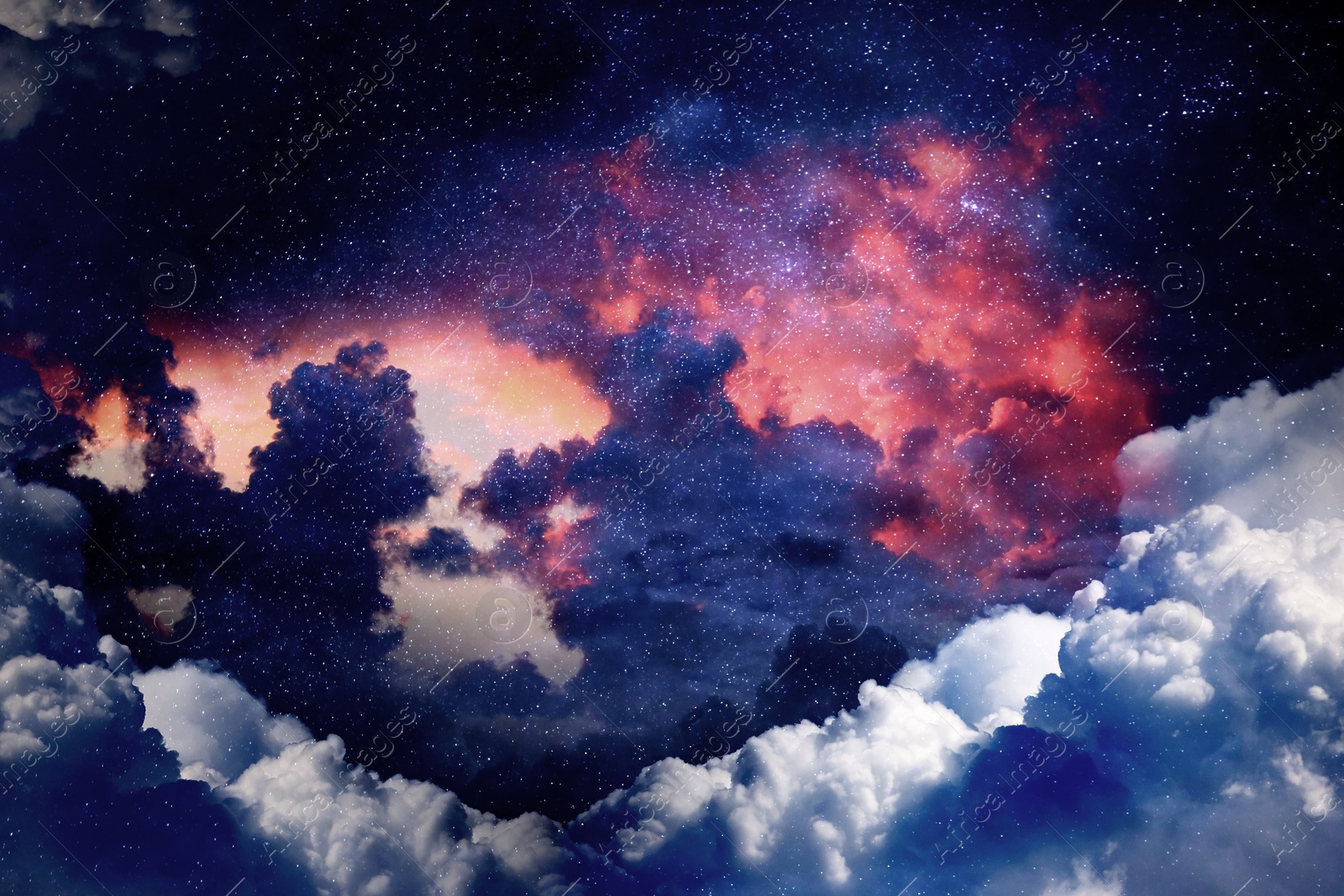 Image of Beautiful view of night sky with clouds and stars