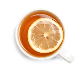 Cup of tea with lemon on white background, top view