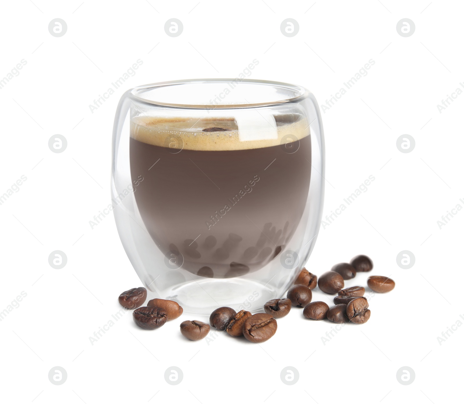 Photo of Cup of tasty coffee and beans isolated on white