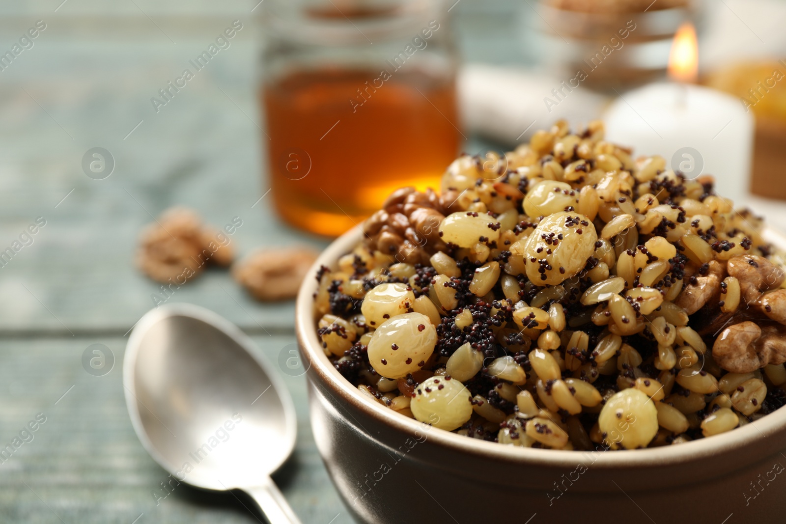 Photo of Traditional Christmas slavic dish kutia in bowl, closeup. Space for text