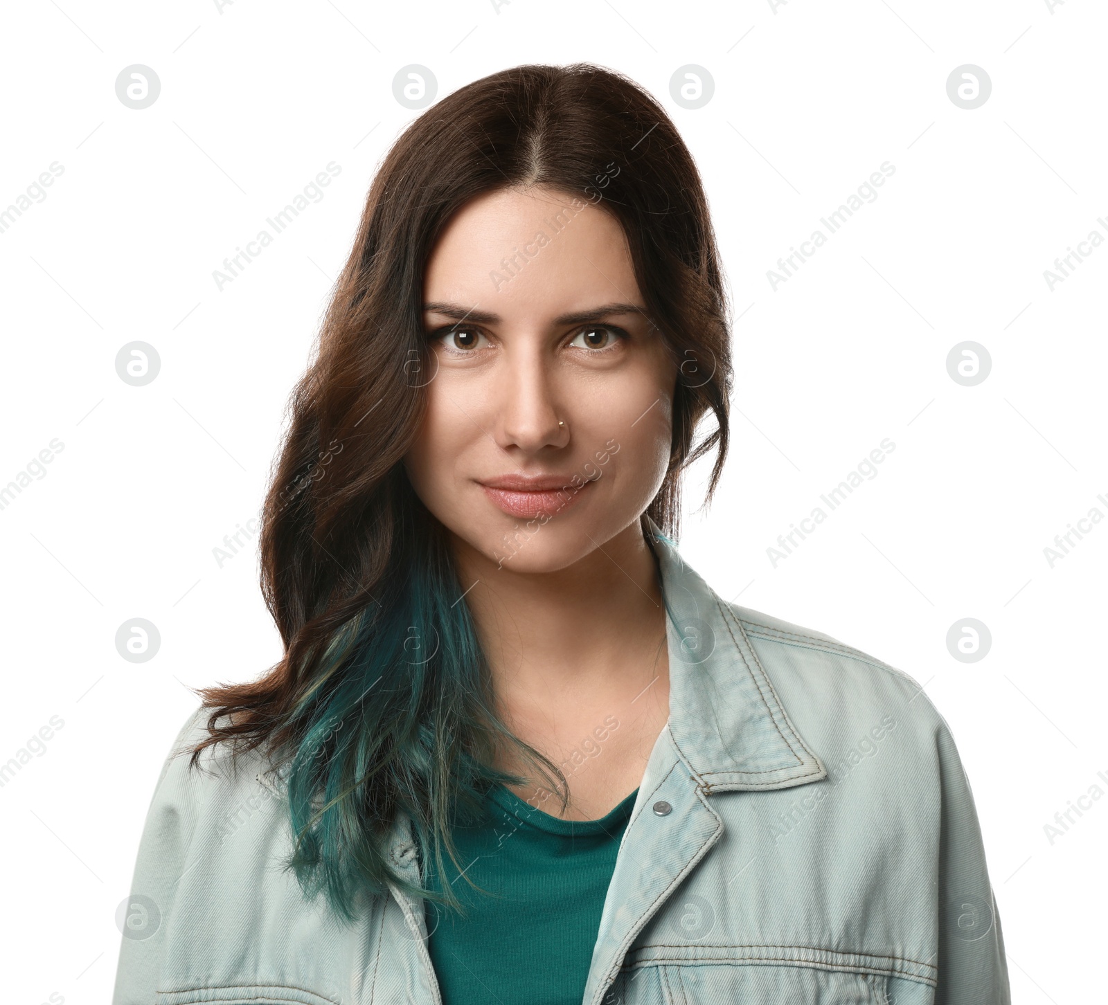 Photo of Beautiful young woman with nose piercing on white background