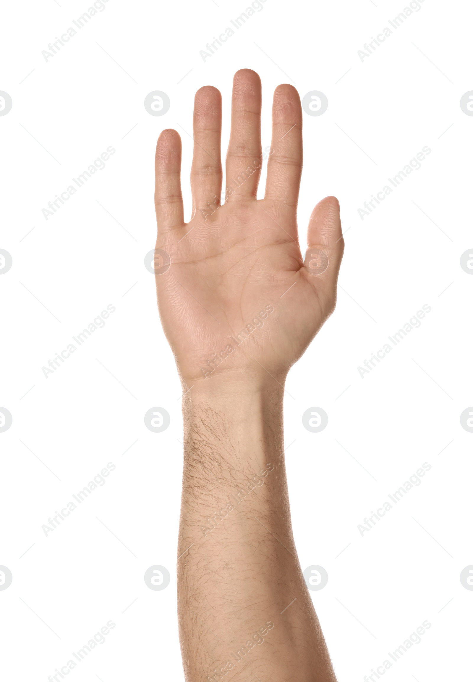 Photo of Man against white background, closeup of hand