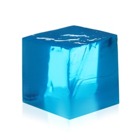 Photo of Delicious blue jelly cube on white background