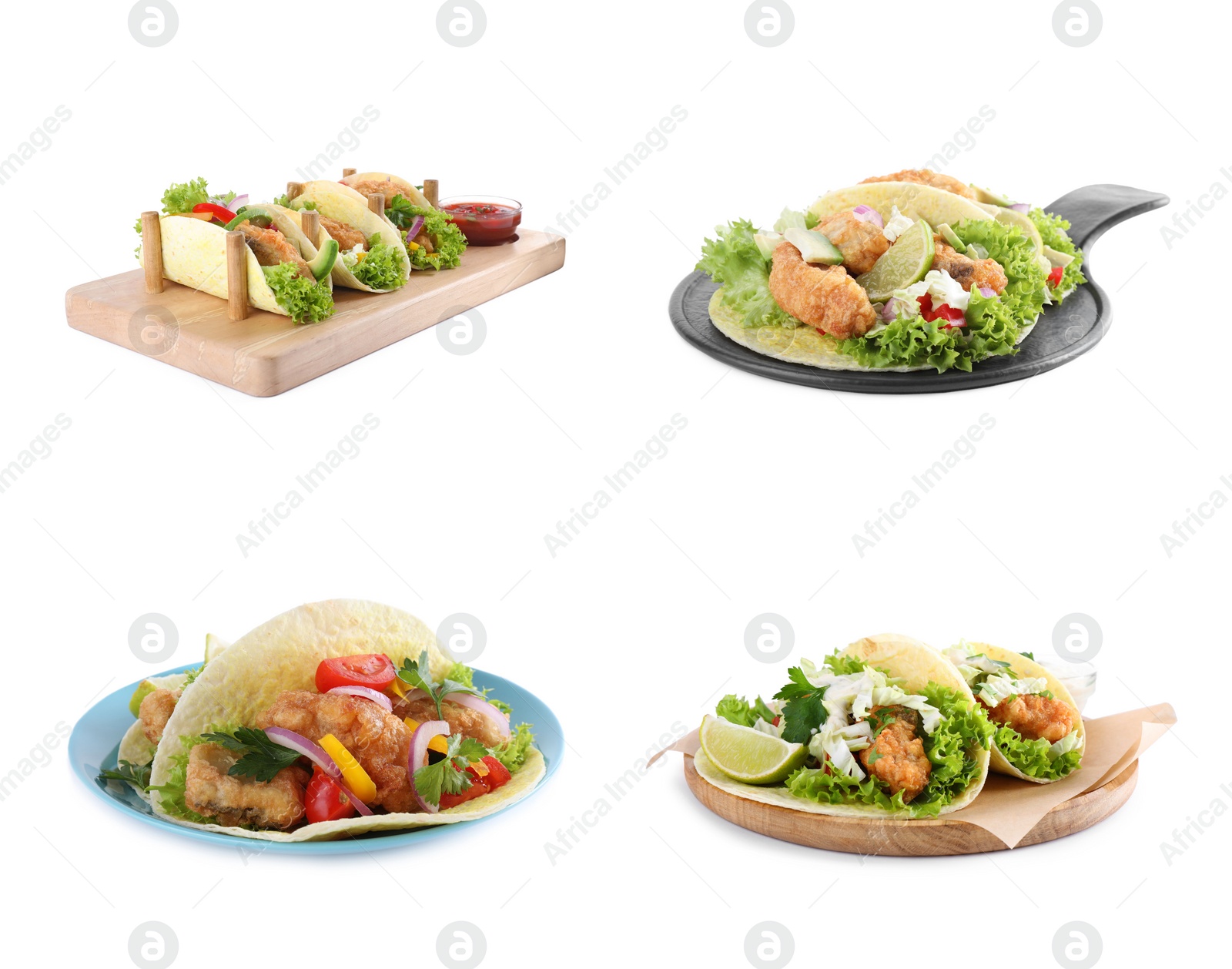 Image of Set of delicious fresh fish tacos on white background