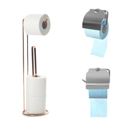 Image of Set with holders for toilet paper on white background