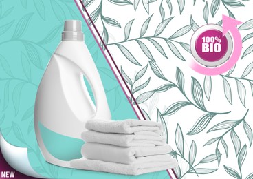 Fabric softener advertising design. Bottle of conditioner and soft clean towels on color background with foliage pattern. Illustration of washing machine button
