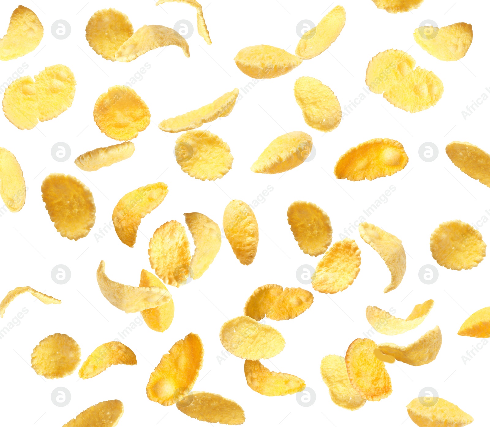 Image of Set of tasty crispy corn flakes on white background