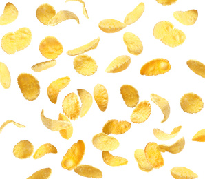 Image of Set of tasty crispy corn flakes on white background