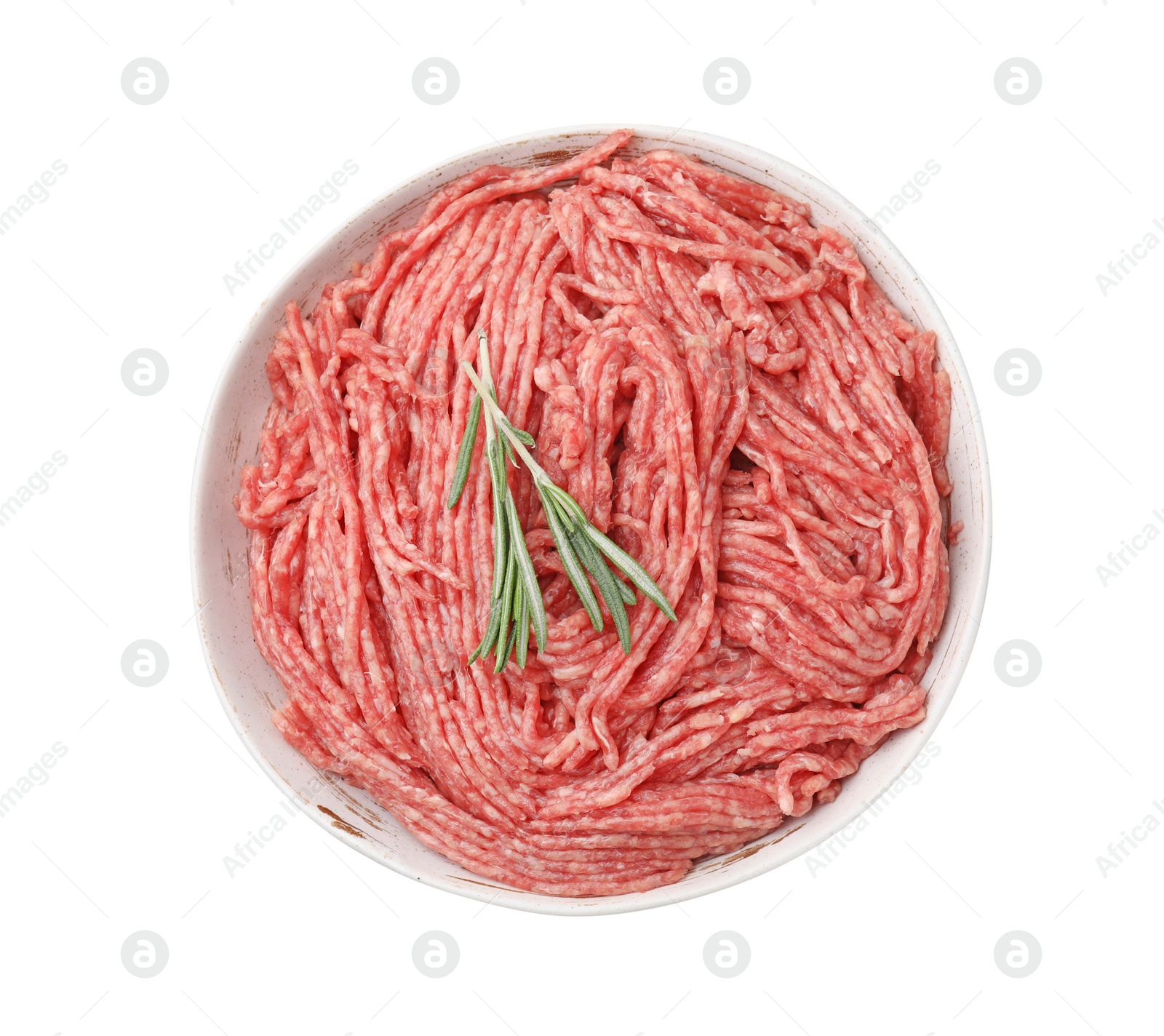 Photo of Fresh raw ground meat and rosemary in bowl isolated on white, top view