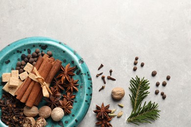 Different aromatic spices and fir branches on light textured table, flat lay. Space for text