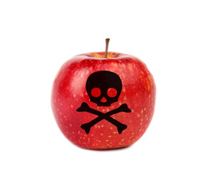 Image of Red poison apple with skull and crossbones image on white background