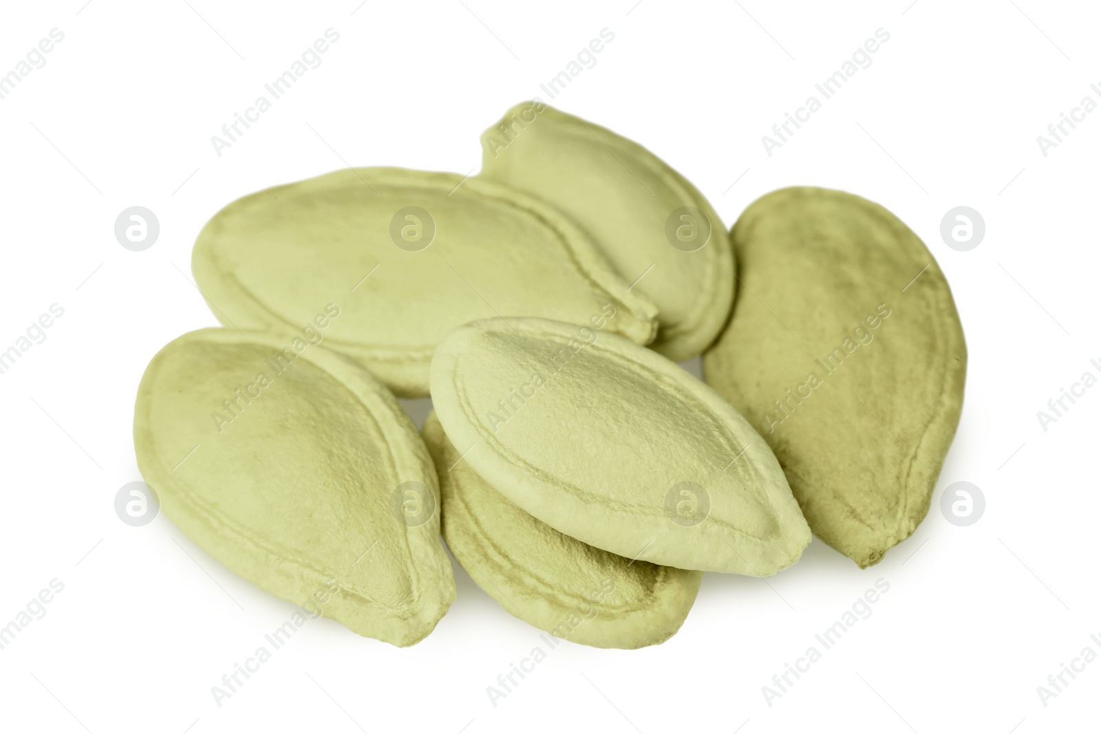 Photo of Many dried pumpkin seeds isolated on white