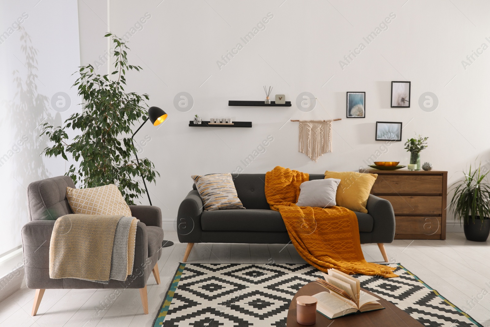 Photo of Stylish living room interior with comfortable sofa and armchair