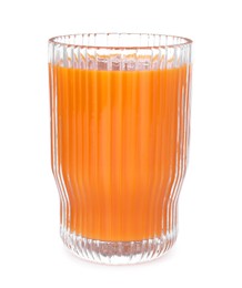 Photo of Tasty fresh carrot juice in glass isolated on white