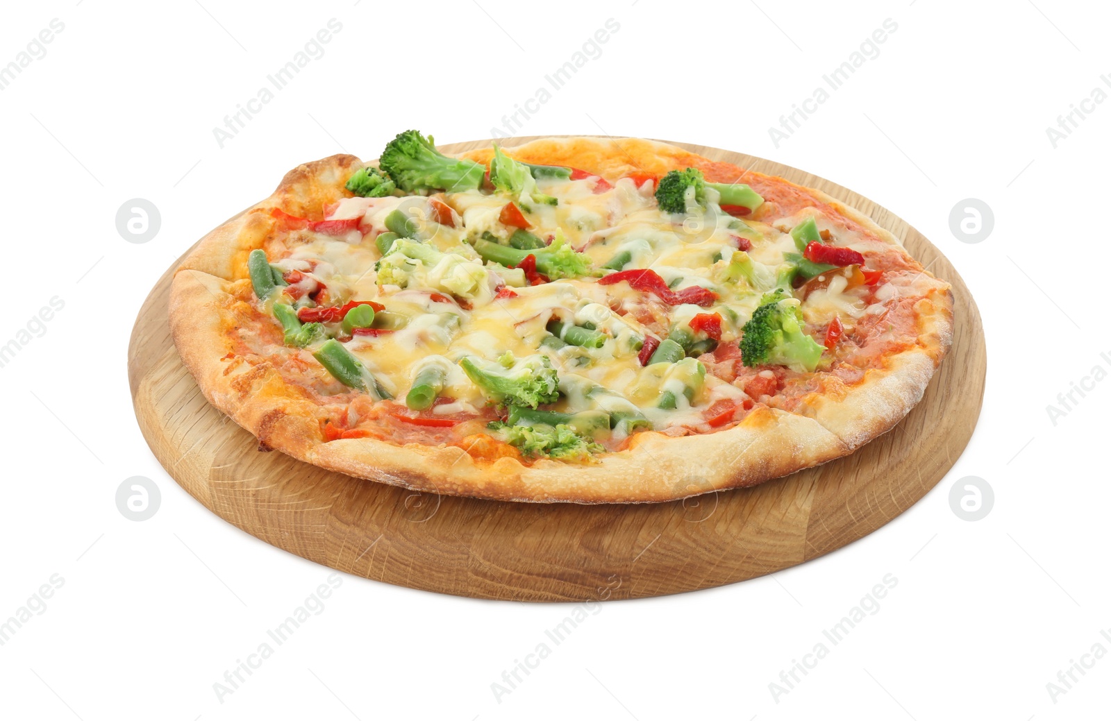 Photo of Board with delicious vegetarian pizza isolated on white