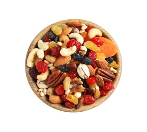 Bowl with different dried fruits and nuts on white background, top view