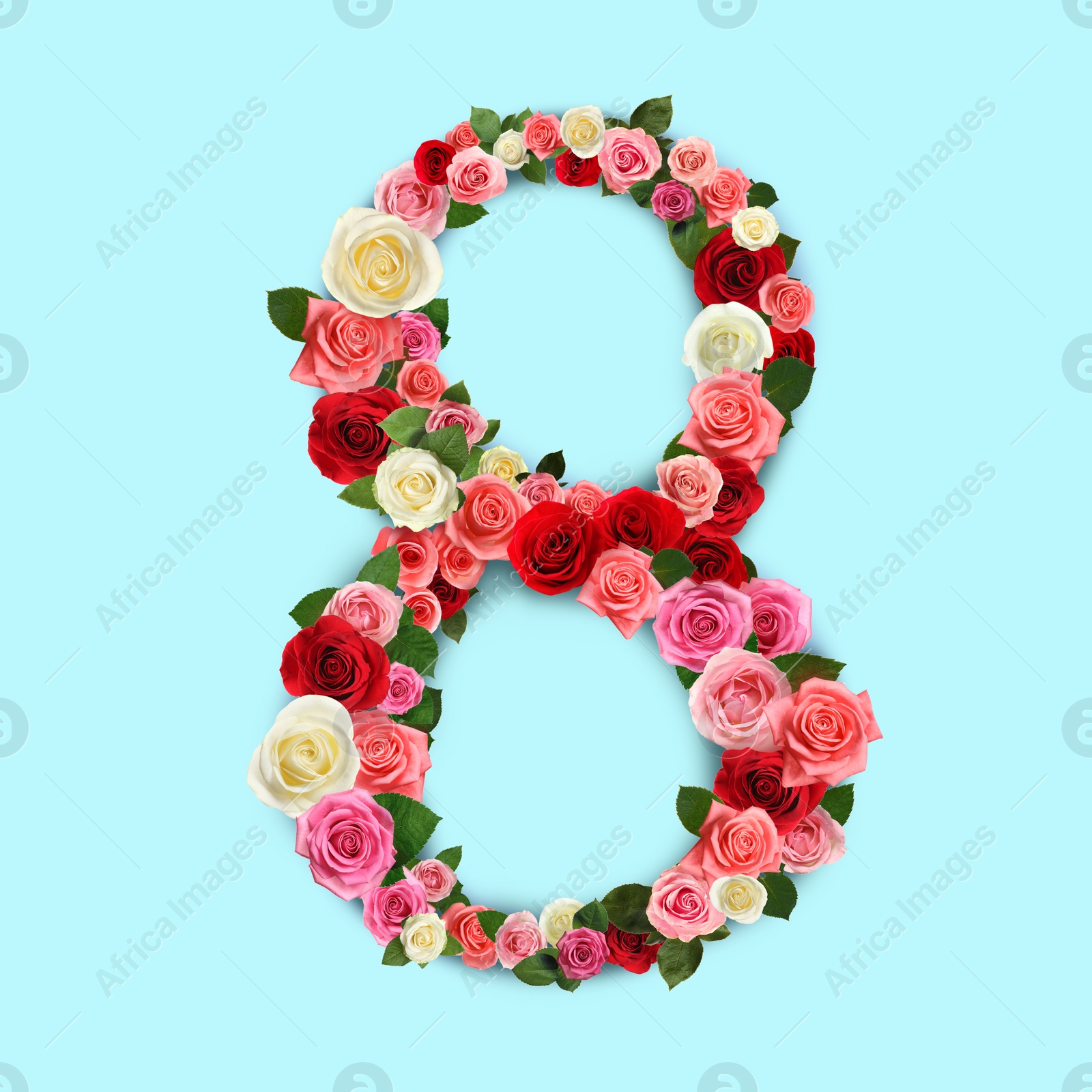 Image of International women's day. Number 8 made of beautiful flowers on pale cyan background, top view