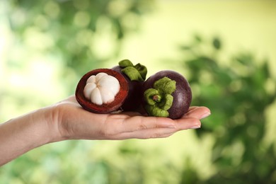 Photo of Woman holding delicious ripe mangosteen fruits outdoors, closeup