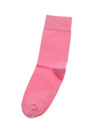 Photo of Pink sock isolated on white, top view