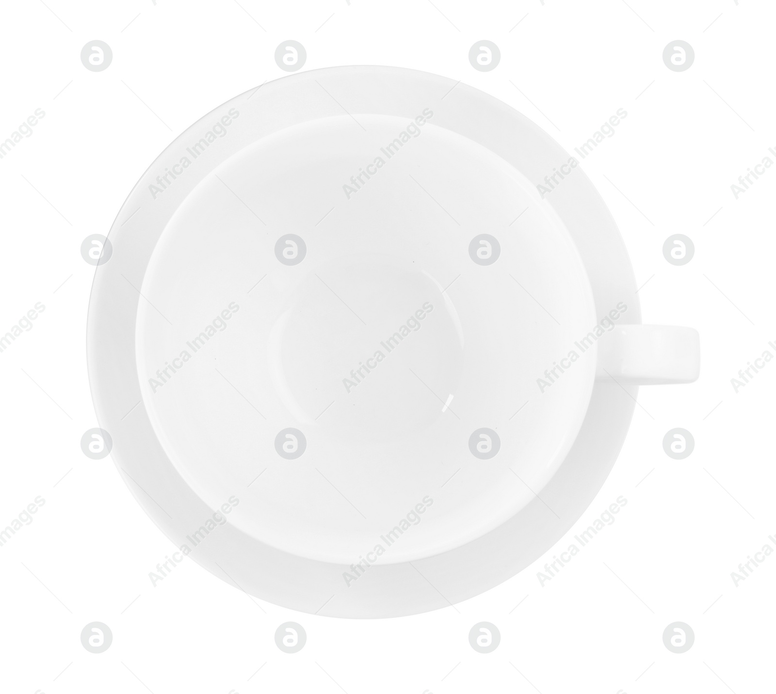 Photo of Ceramic cup with saucer isolated on white, top view