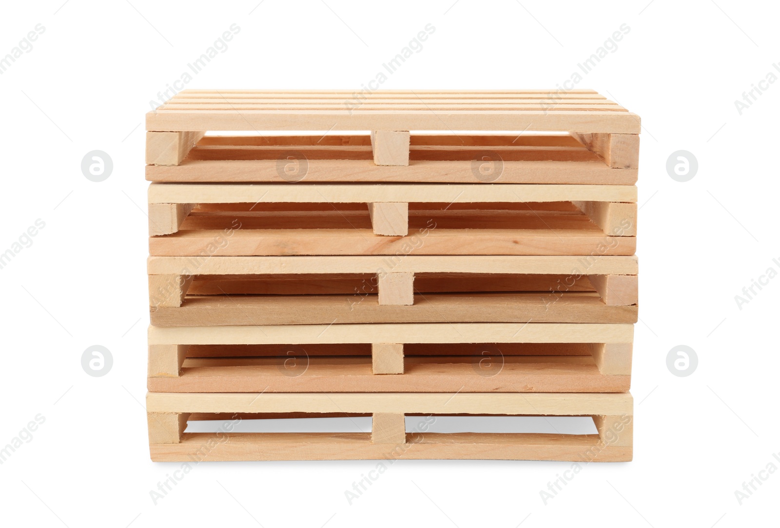 Photo of Stack of small wooden pallets on white background